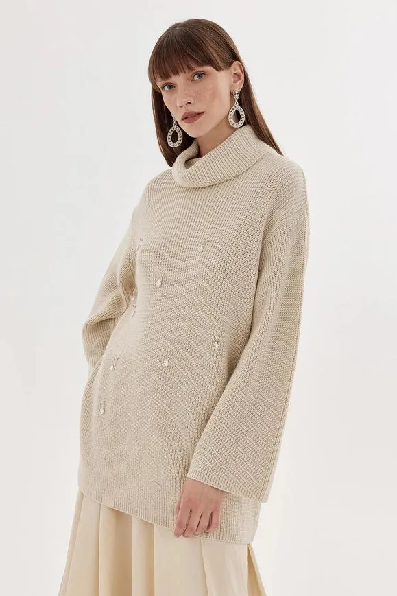 Lurex Stone Embroidered Knit Sweater Bone