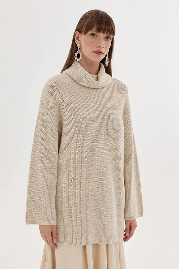 Lurex Stone Embroidered Knit Sweater Bone