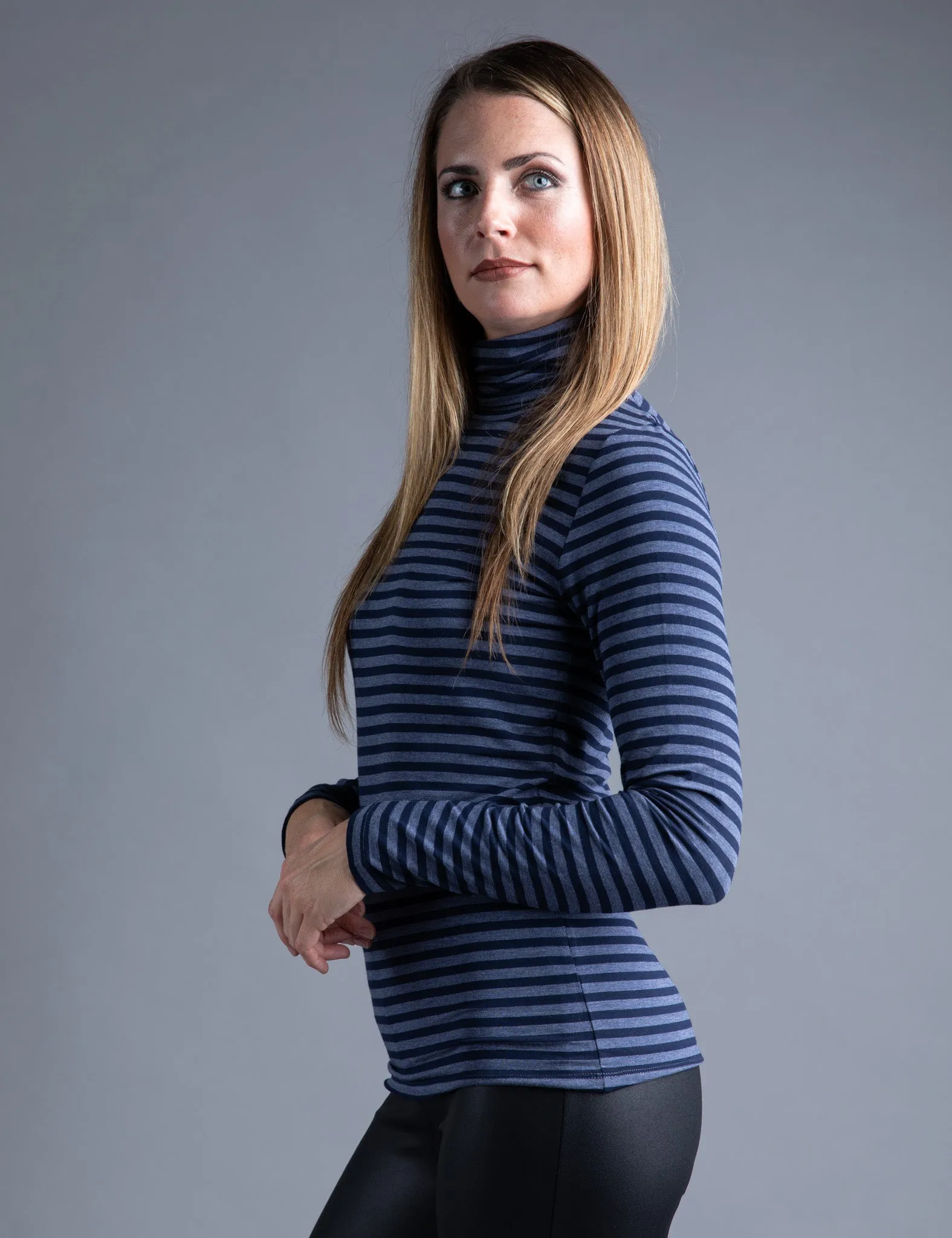 Majestic Long Sleeve Viscose Striped Turtleneck in Denim/Marine