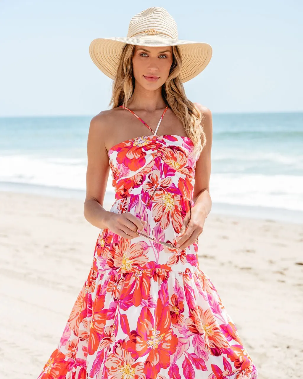 Orange Floral Print Halter Maxi Dress - FINAL SALE