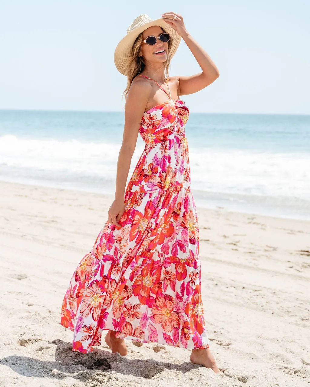 Orange Floral Print Halter Maxi Dress - FINAL SALE