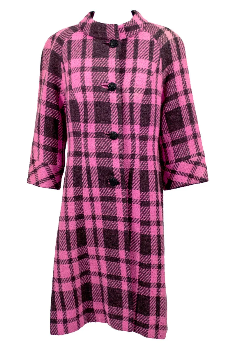 Pink and Black Plaid 1960s Vintage Coat by Mildred Warner