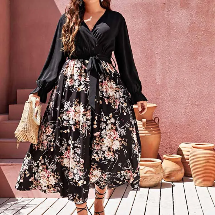 Plus Size Maxi Pullover Chiffon Printed Sexy V Neck Dress