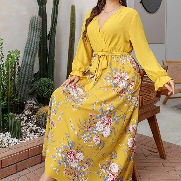 Plus Size Maxi Pullover Chiffon Printed Sexy V Neck Dress