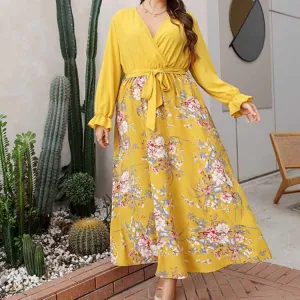 Plus Size Maxi Pullover Chiffon Printed Sexy V Neck Dress