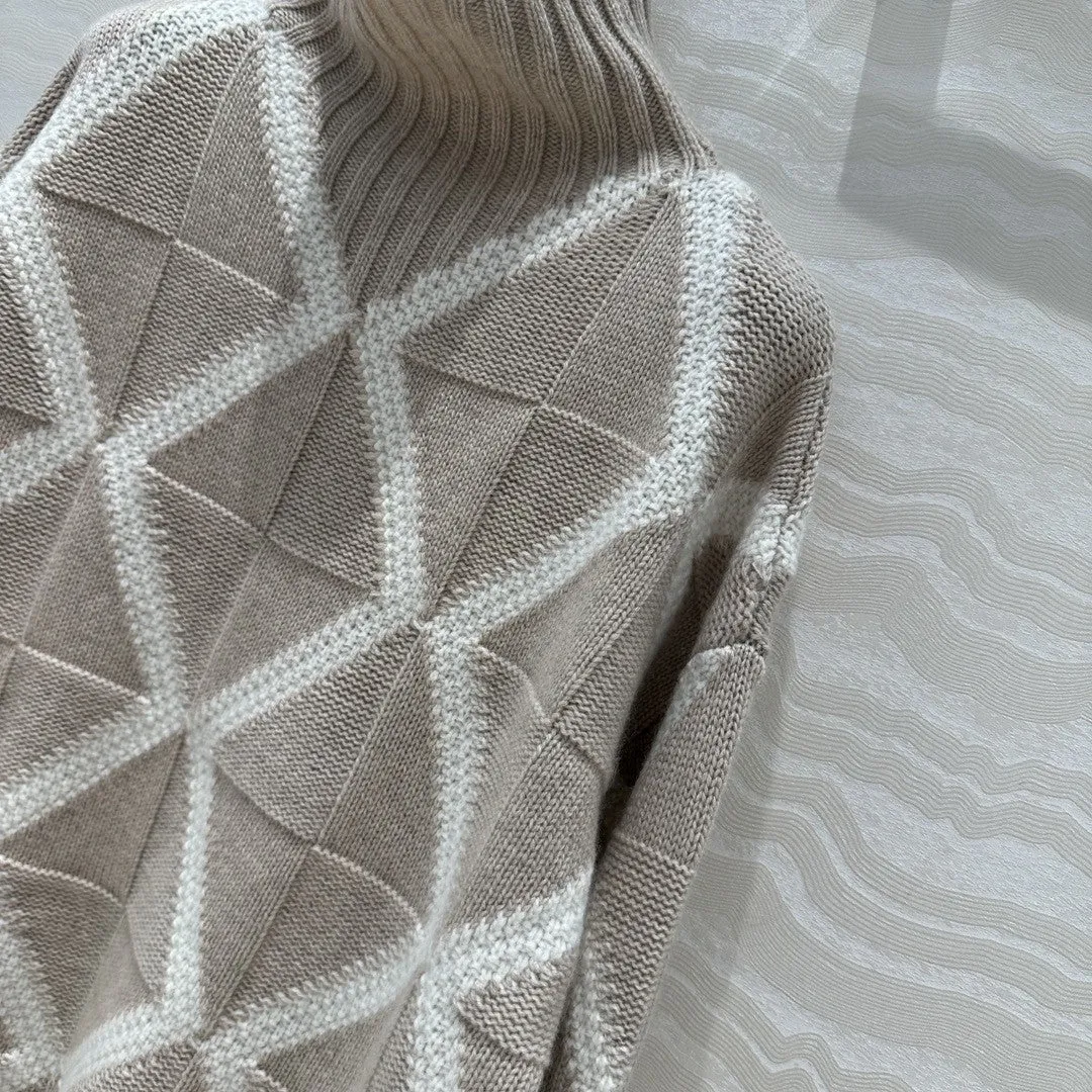 Pre Order:  Turtleneck Diamond Pattern Cotton Sweater