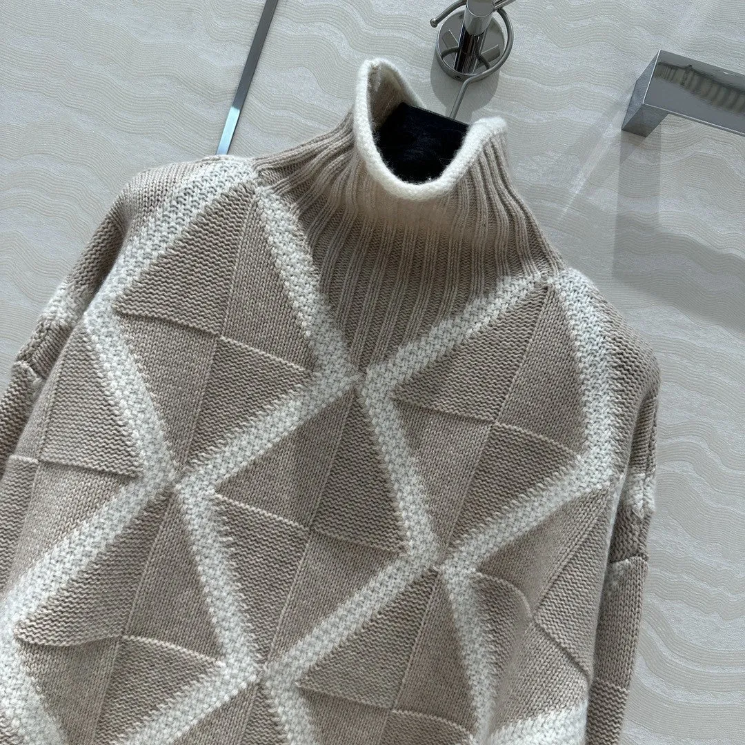 Pre Order:  Turtleneck Diamond Pattern Cotton Sweater