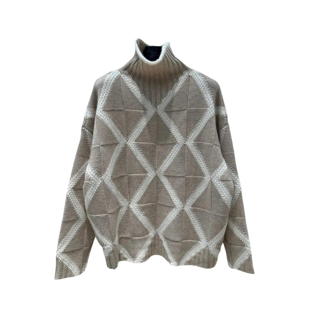 Pre Order:  Turtleneck Diamond Pattern Cotton Sweater