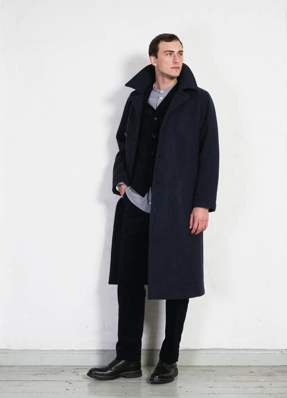 SIGFRED | Long Double Face Wool Coat | Blue Herringbone