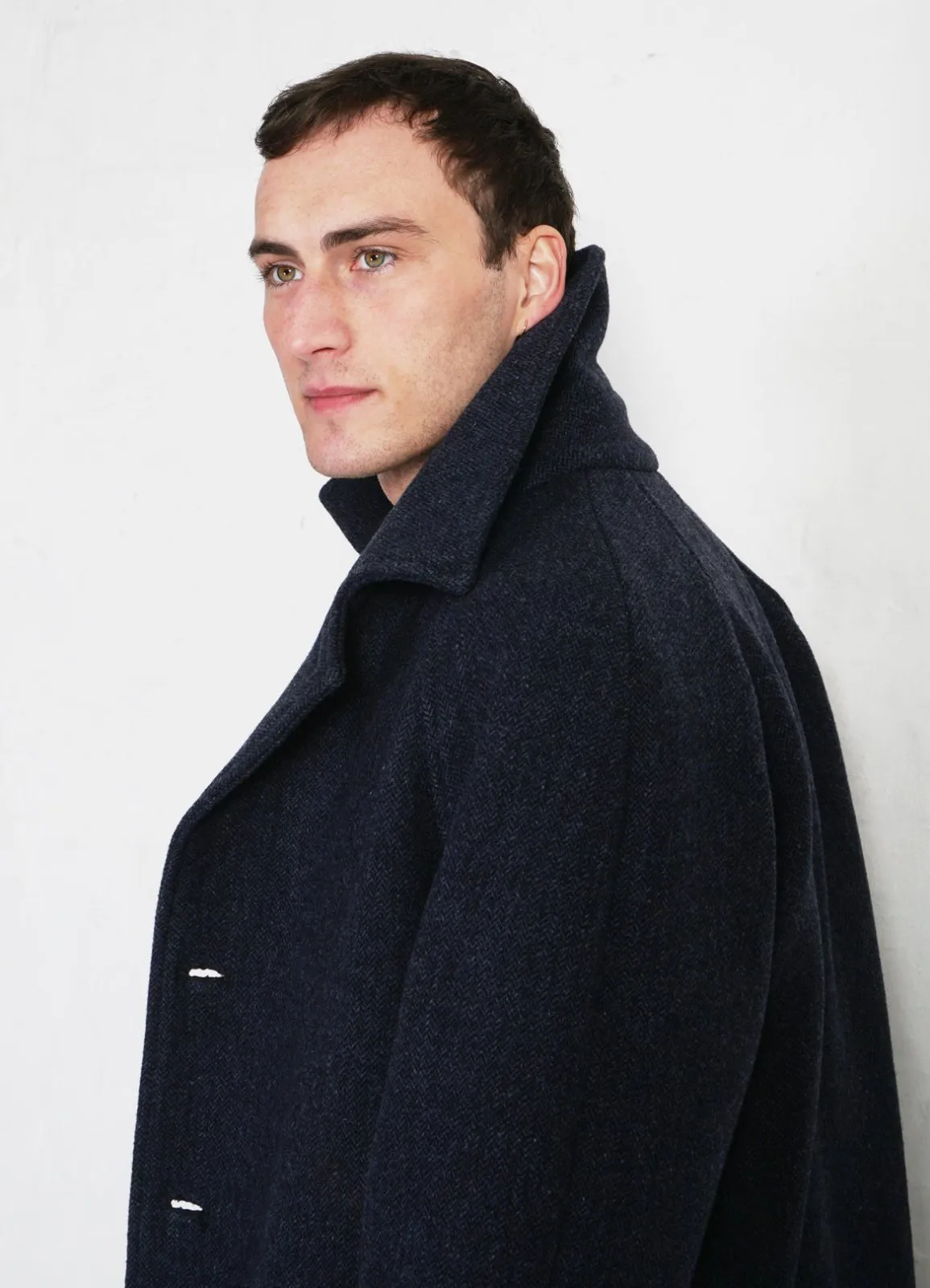 SIGFRED | Long Double Face Wool Coat | Blue Herringbone