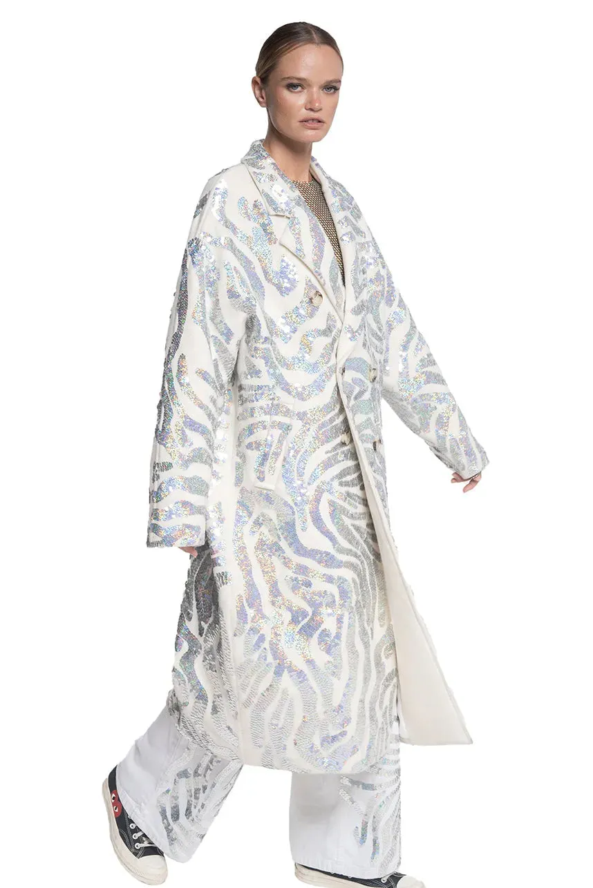 Silver Sequin Zebra Wool Coat