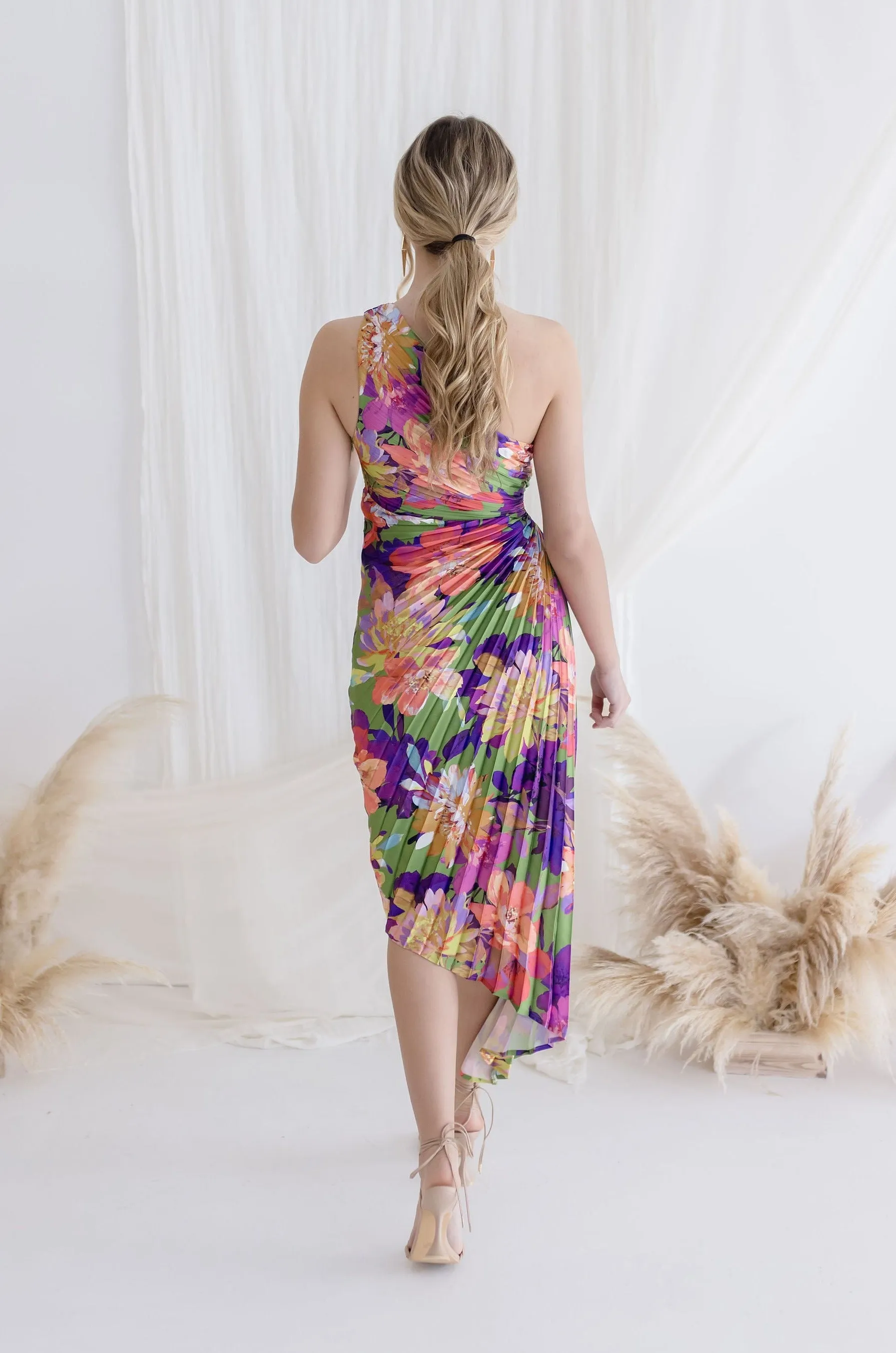 Skye One Shoulder Pleated Floral Maxi Dress Violet