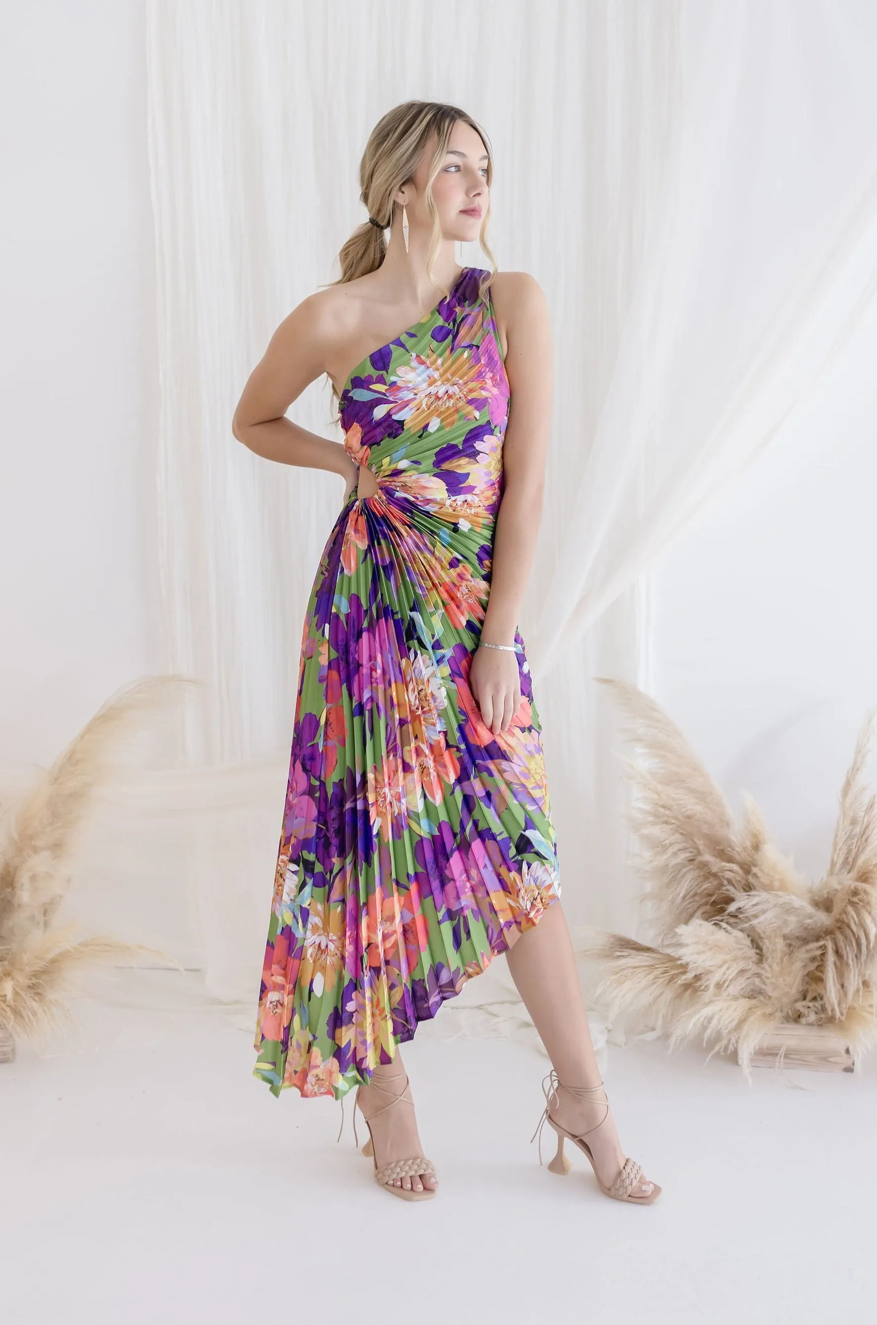 Skye One Shoulder Pleated Floral Maxi Dress Violet