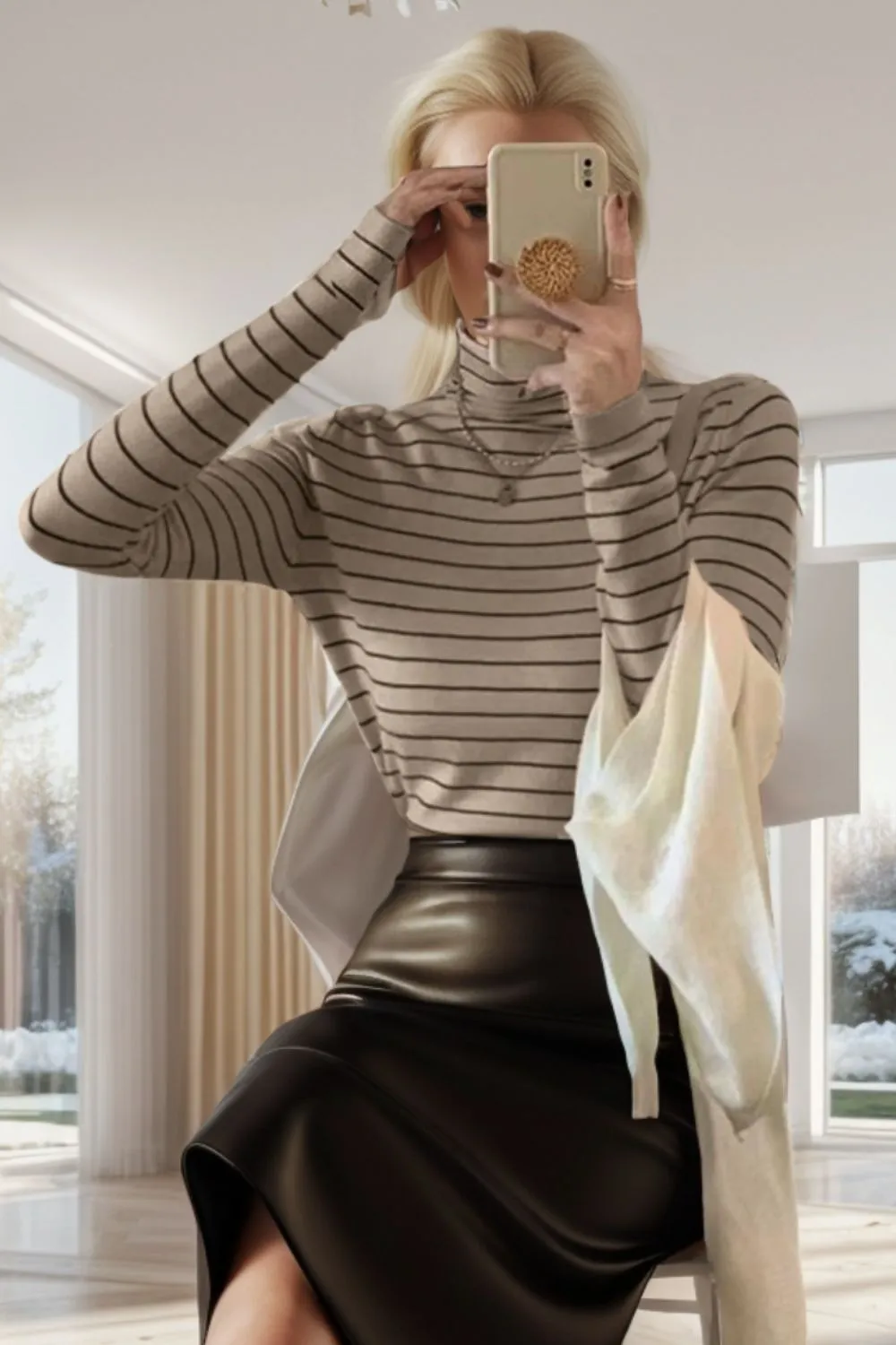 Striped Turtleneck Long Sleeve T-Shirt Women's Wool and Nylon Premium Warm Long Sleeve Blouse