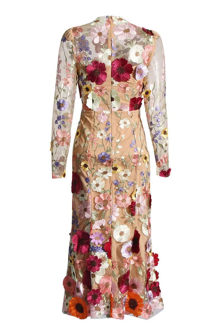 Vintage Floral Embroidered Sheer Mesh Long Sleeve Fishtail Midi Dress