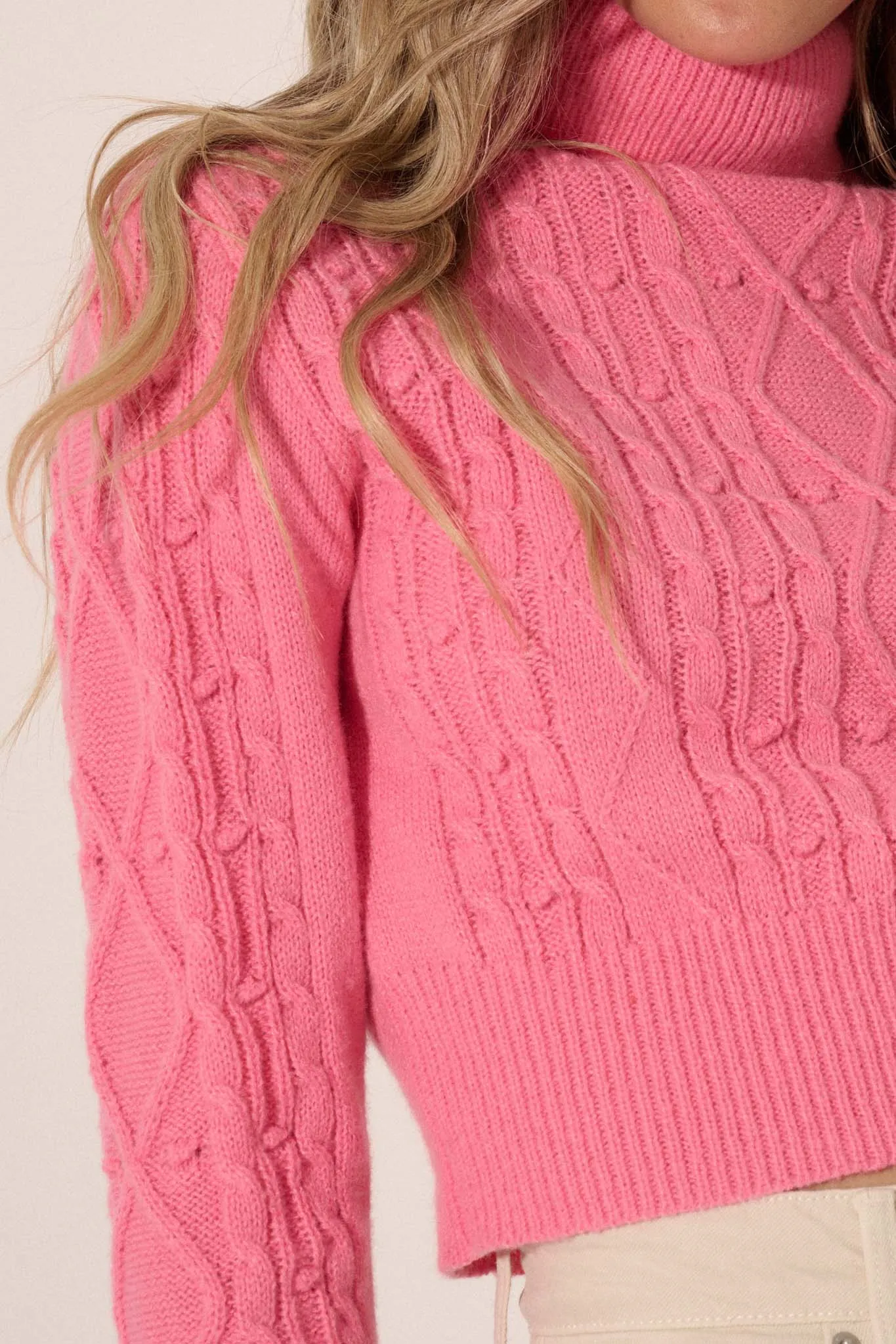 Way of Life Cropped Cable Knit Turtleneck Sweater