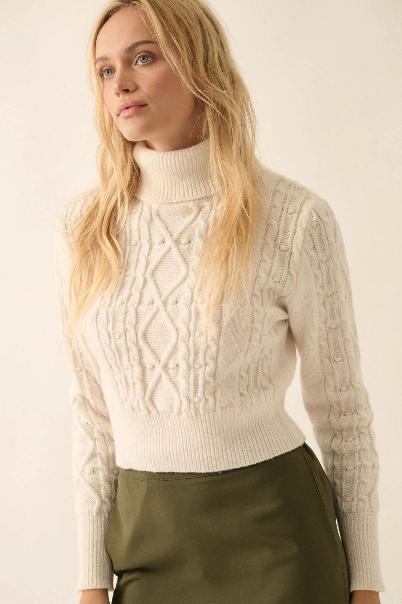 Way of Life Cropped Cable Knit Turtleneck Sweater