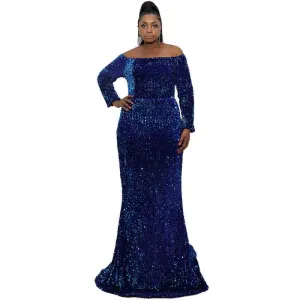 Women Plus Size Sequin Navy Blue Maxi Dress with Sleeves Evening Gowns