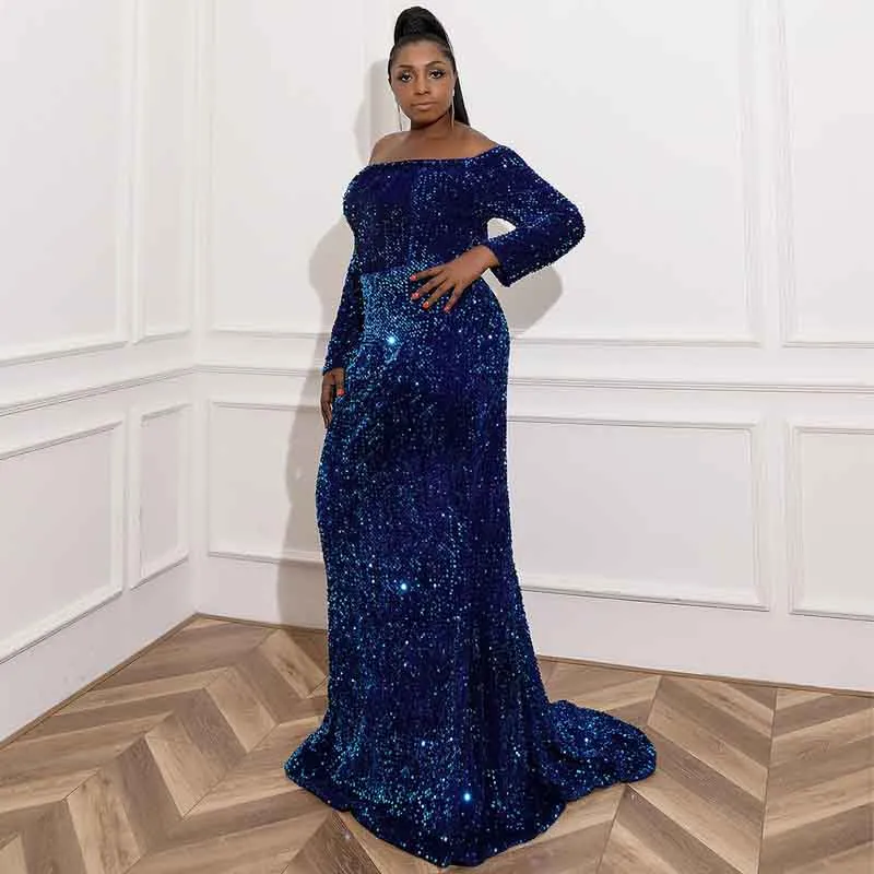 Women Plus Size Sequin Navy Blue Maxi Dress with Sleeves Evening Gowns