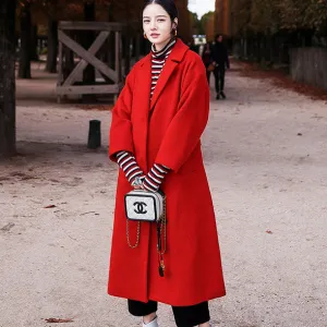 women red Winter coat plus size Notched Wool Coat vintage pockets tie waist wool jackets