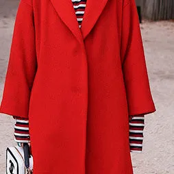 women red Winter coat plus size Notched Wool Coat vintage pockets tie waist wool jackets