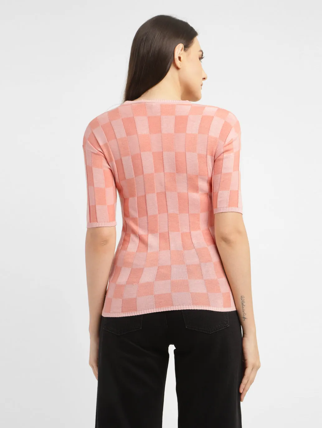 Women's Checked Crew Neck Top