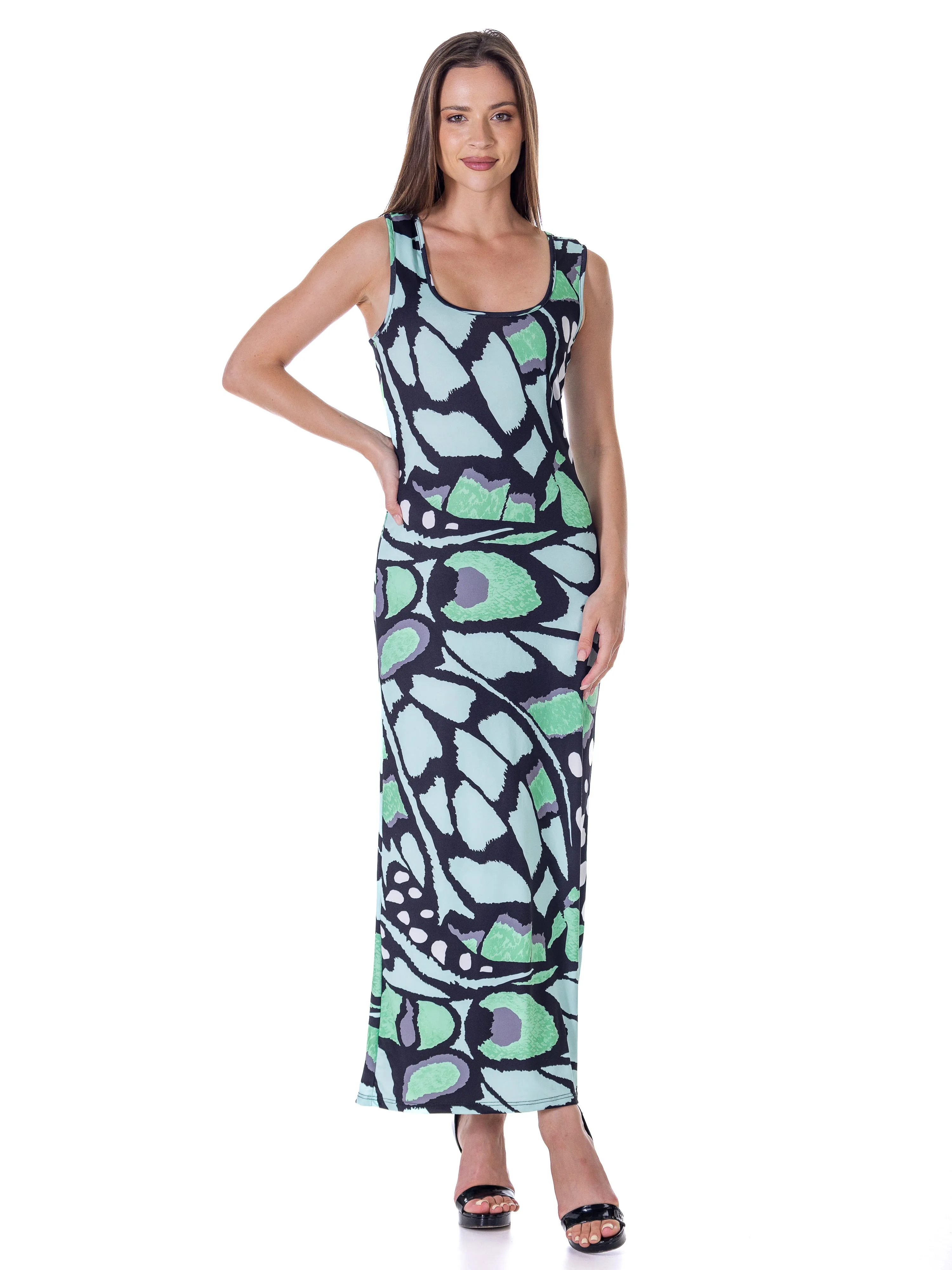 Womens Green Butterfly Print Casual Razorback Tank Maxi Dress