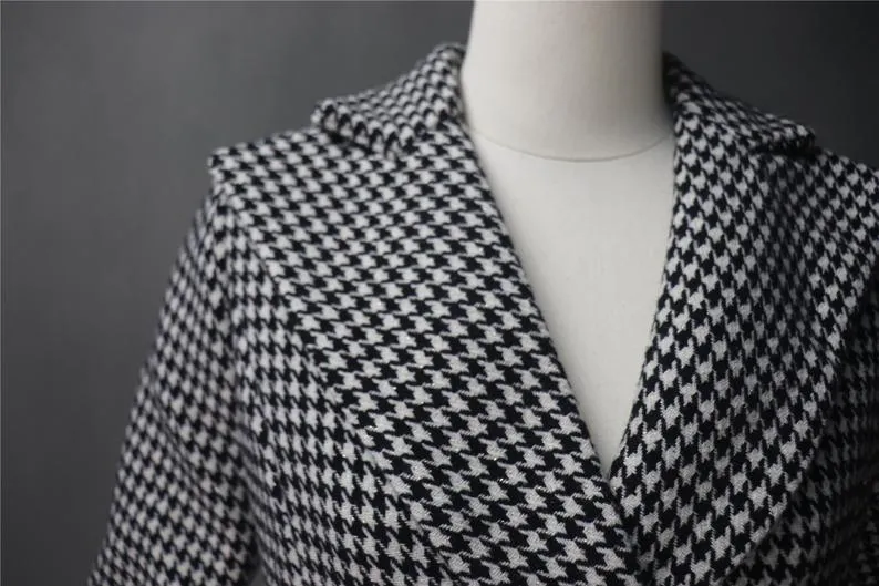 Womens Long Coat CUSTOM MADE Houndstooth Black Checked Wool Blend Tweed