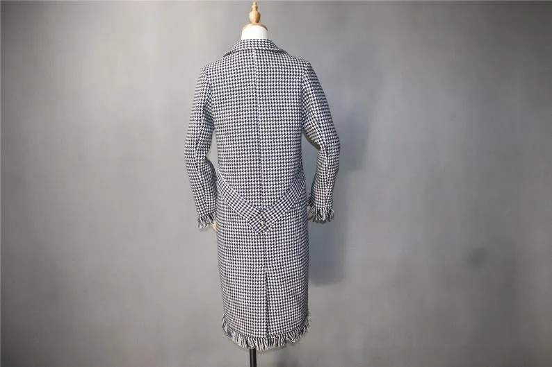 Womens Long Coat CUSTOM MADE Houndstooth Black Checked Wool Blend Tweed