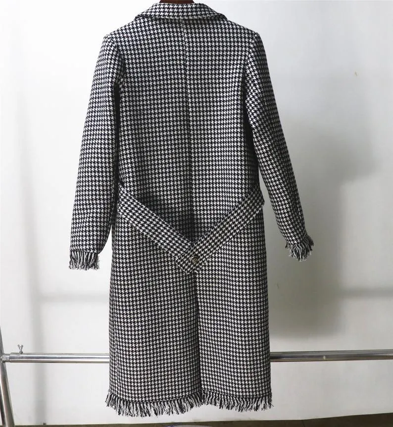 Womens Long Coat CUSTOM MADE Houndstooth Black Checked Wool Blend Tweed