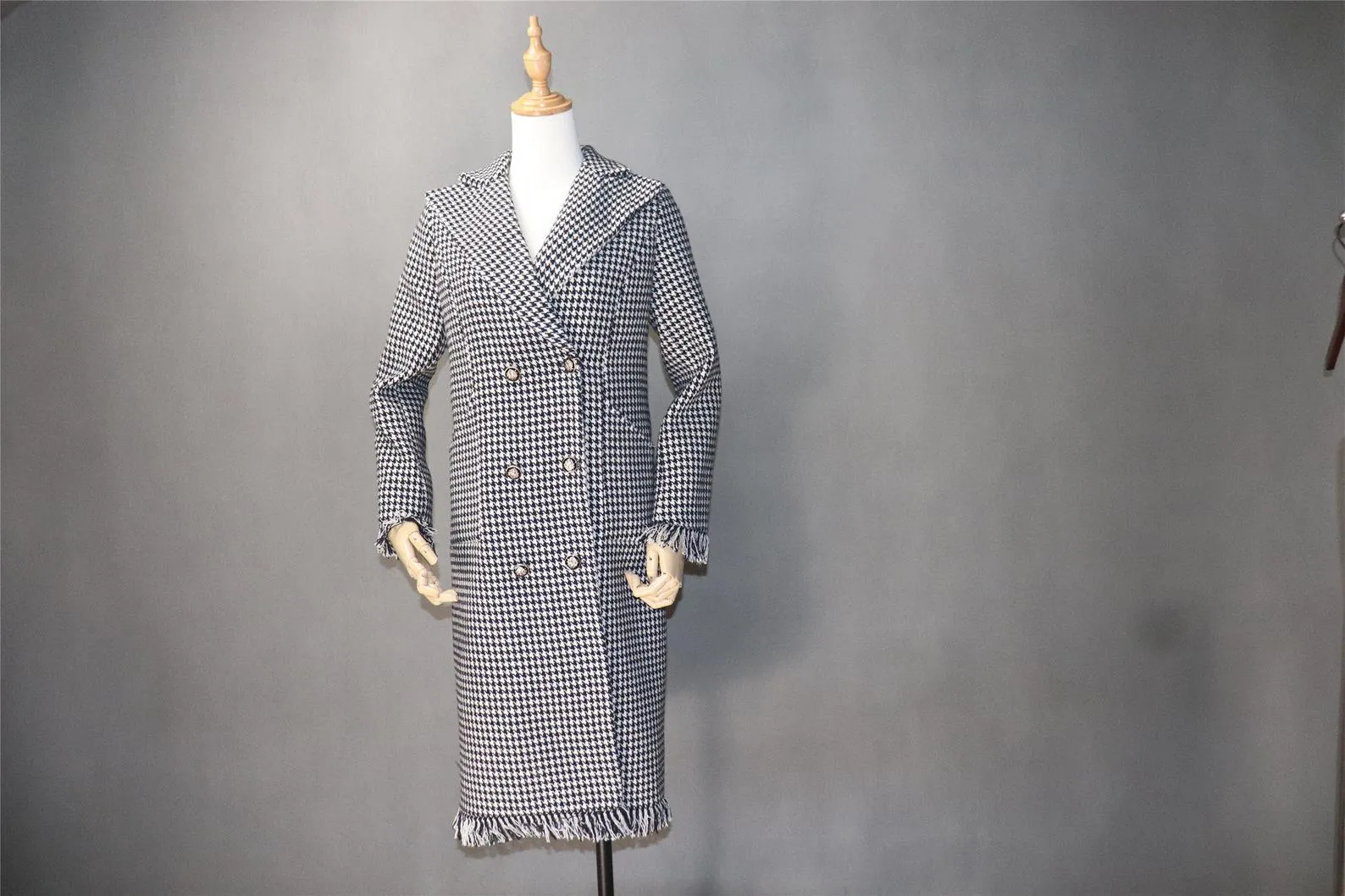 Womens Long Coat CUSTOM MADE Houndstooth Black Checked Wool Blend Tweed