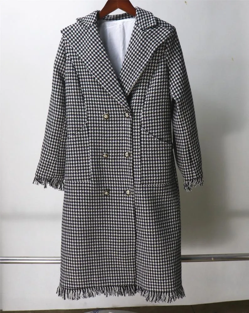 Womens Long Coat CUSTOM MADE Houndstooth Black Checked Wool Blend Tweed