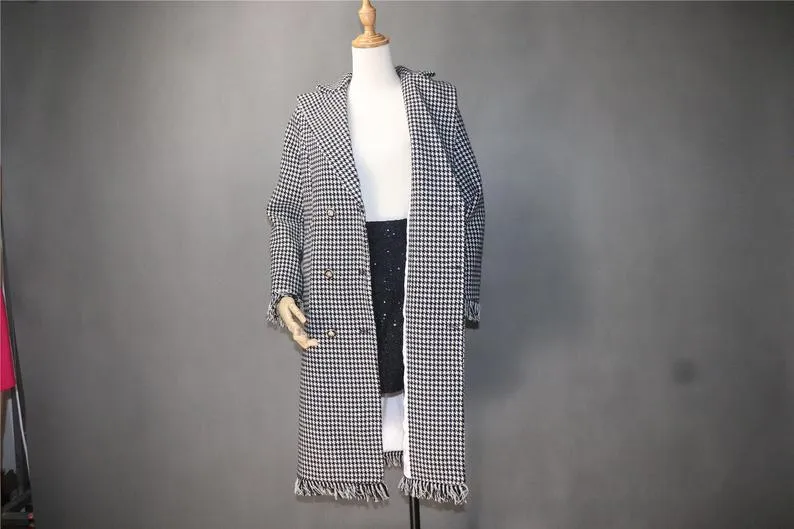 Womens Long Coat CUSTOM MADE Houndstooth Black Checked Wool Blend Tweed