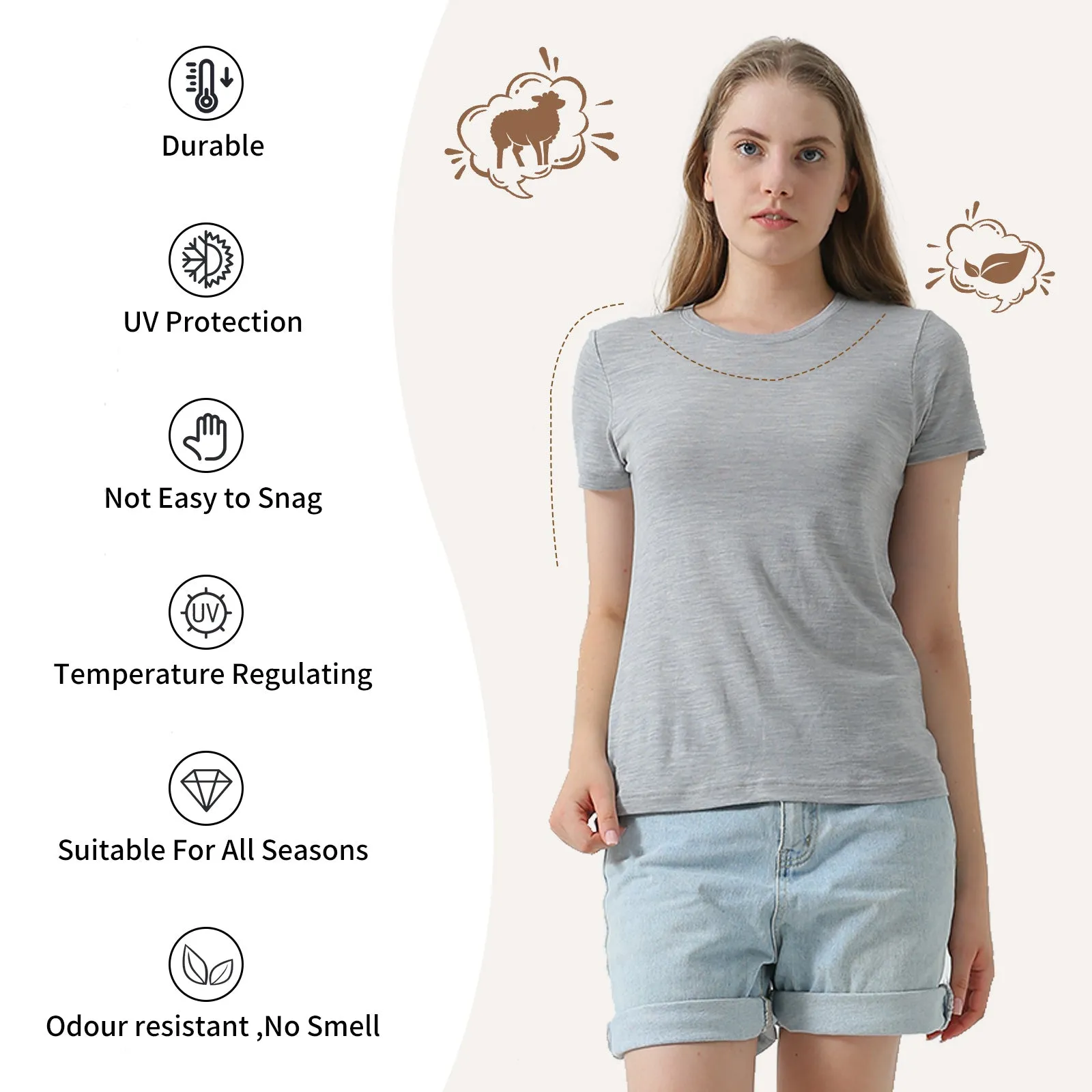 Women's Merino 170g Classic Short Sleeve T-Shirt Light Grey