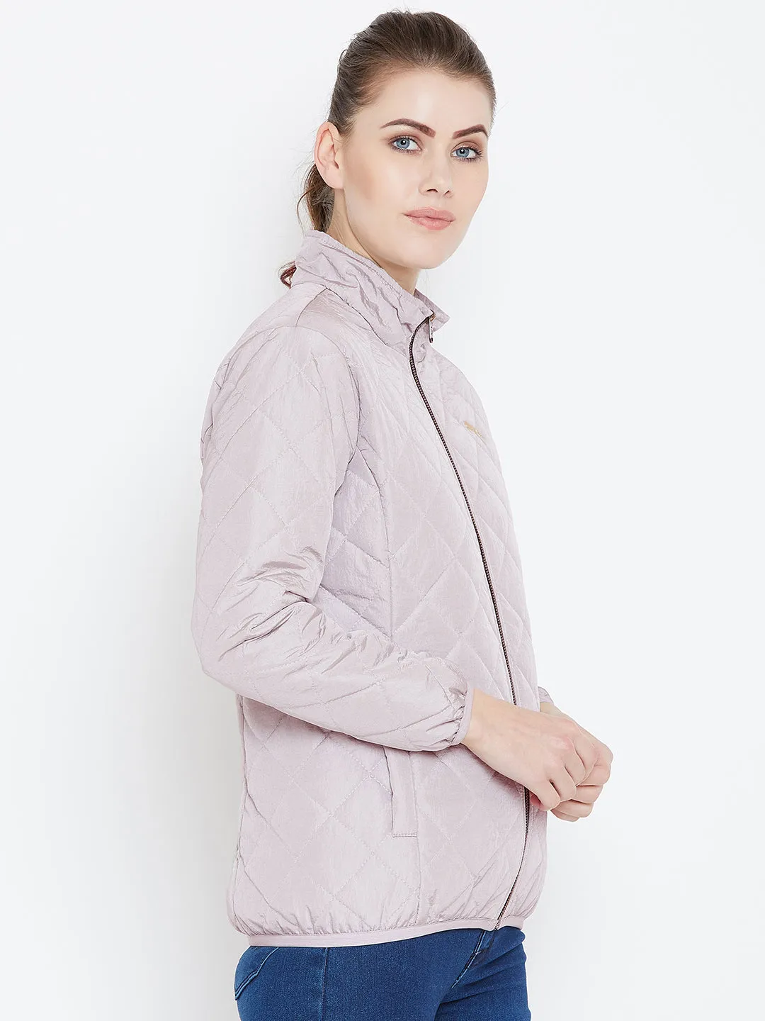 Womens Solid Silver Quilted Jacket