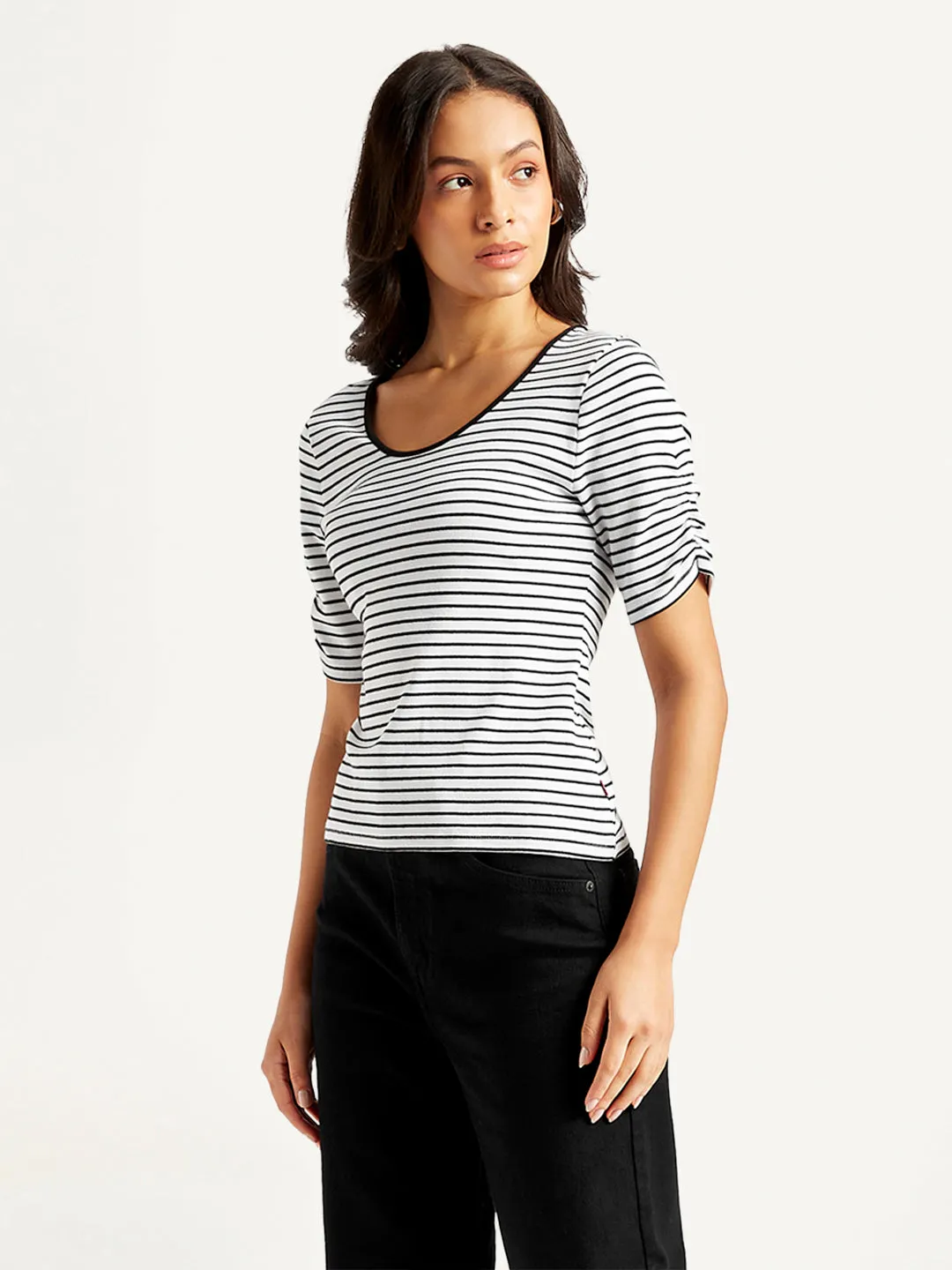 Women's Striped Black Scoop Neck Top