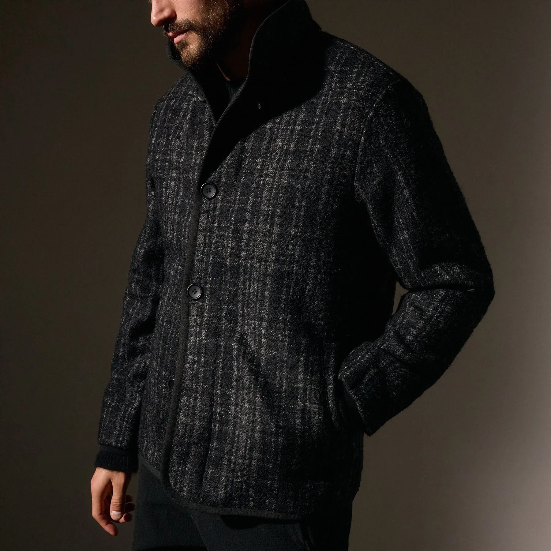 Wool Blend Plaid Car Coat - Black/Grey Plaid