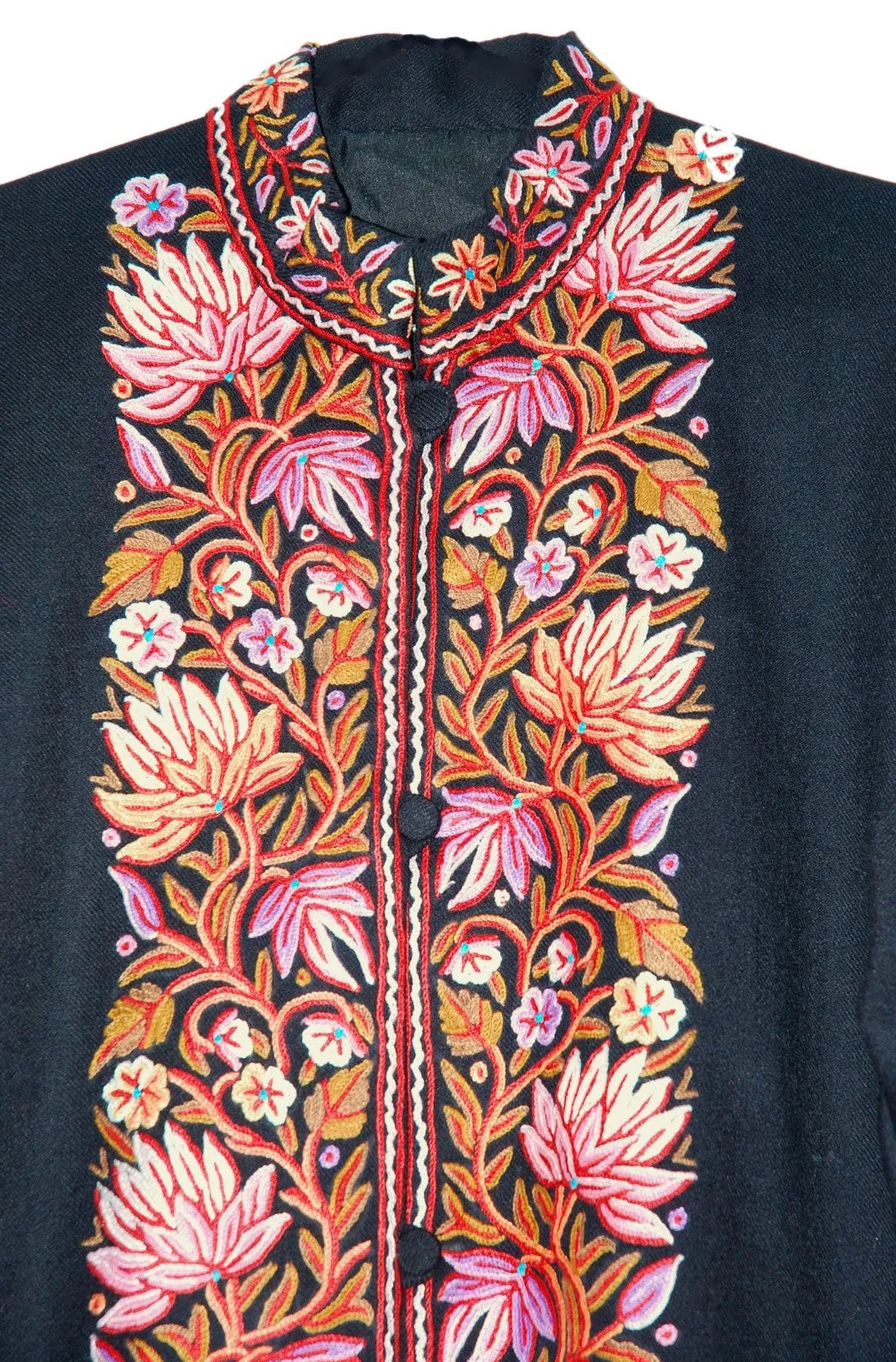 Woolen Coat Long Jacket Black, Multicolor Embroidery #BD-105