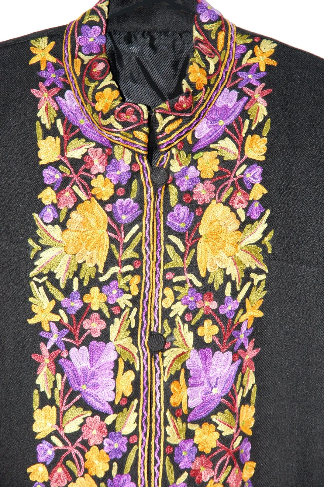 Woolen Coat Long Jacket Black, Multicolor Embroidery #BD-114