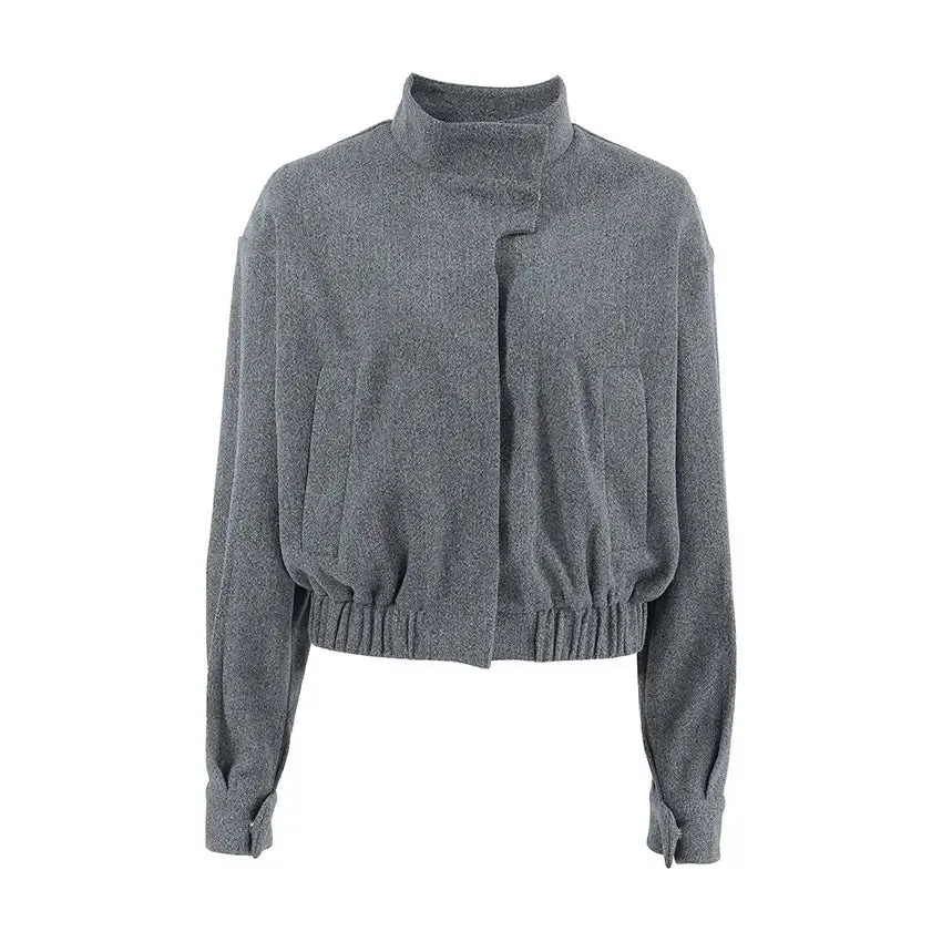 Woolen Small Stand Collar Gray Coat